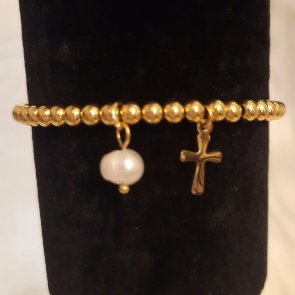 Gold Beaded Bracelet with Gold Cross Charm & Faux Pearl Charm - Picture 7 of 7